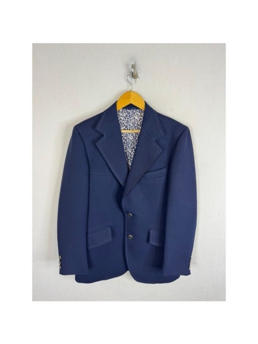 Vintage 70s Woodwards Teretata Men 40 Navy Blue Knit Blazer Contrast Stitching